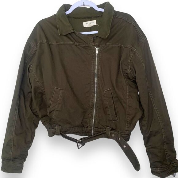 Pacsun Olive Green Zip Up Bomber Women’s Flight Jacket Asymmetrica Zipper - Picture 2 of 11